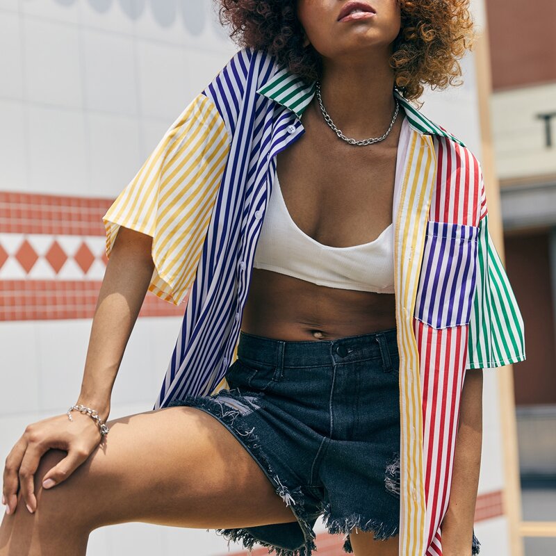 

Pocket Patch Colorful Striped Oversized Blouse, Multicolor