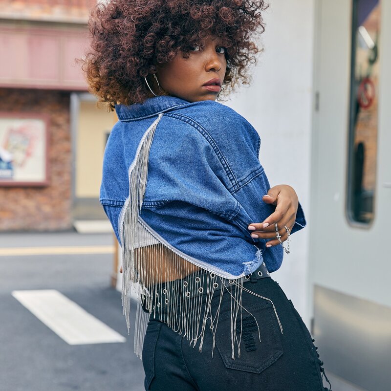 

Fringe Trim Tulip Raw Hem Denim Jacket, Dark wash