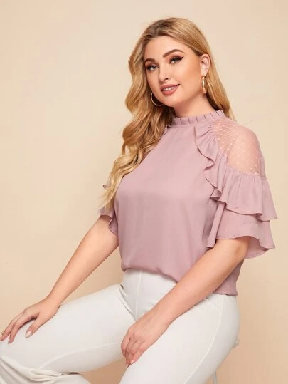 SHEIN Privé 大碼提花網紗拼接荷葉邊上衣