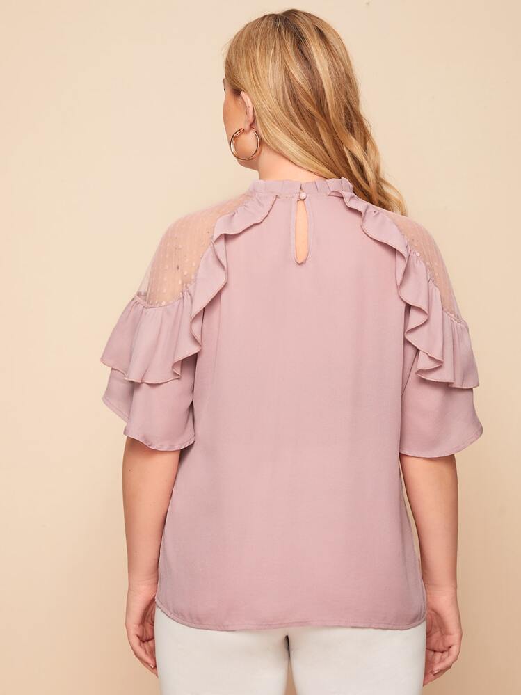 SHEIN Privé Plus Dobby Mesh Insert Ruffle Trim Top - Dusty Pink - View 2