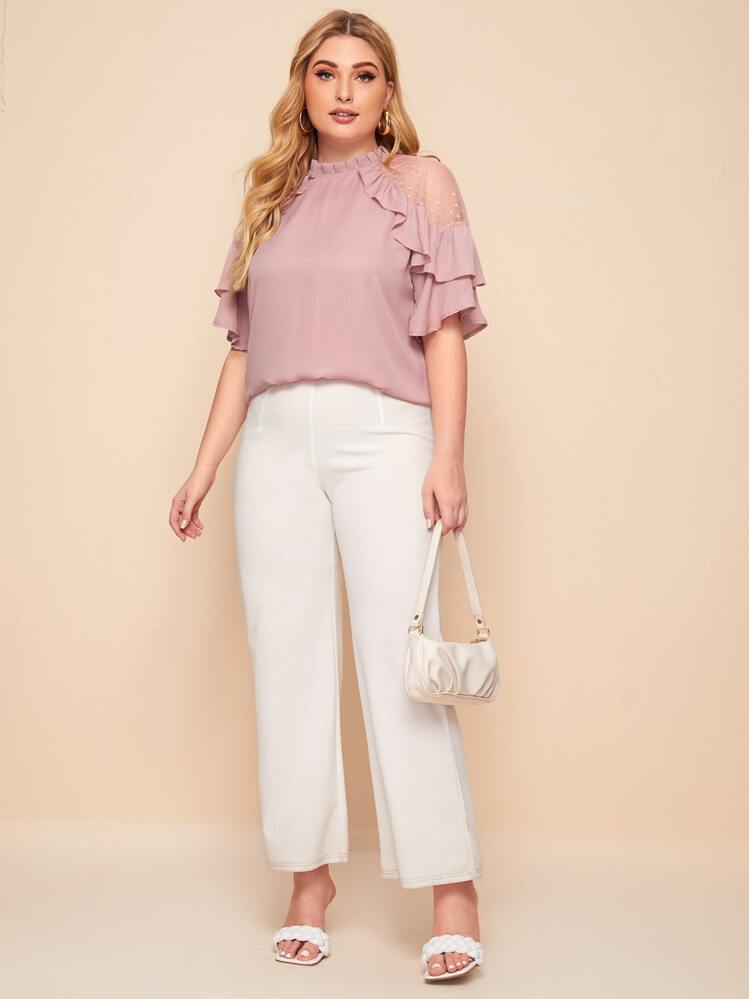 SHEIN Privé Plus Dobby Mesh Insert Ruffle Trim Top - Dusty Pink - View 3
