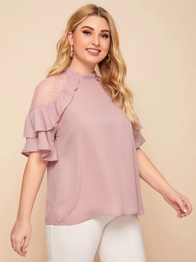 SHEIN Privé Plus Dobby Mesh Insert Ruffle Trim Top - Dusty Pink - View 4