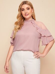 SHEIN Privé 大碼提花網紗拼接荷葉邊上衣 - 藕粉色 - 查看 5