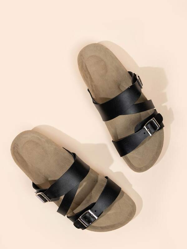 double buckle iridescent slide sandals