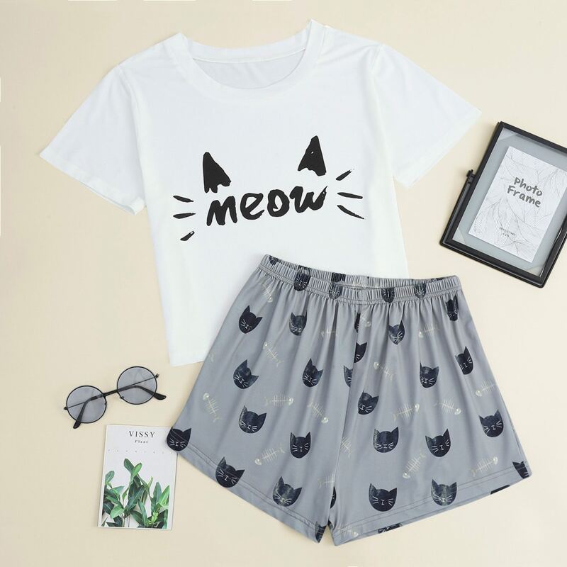 

Cartoon Cat And Letter Graphic Pajama Set, Multicolor