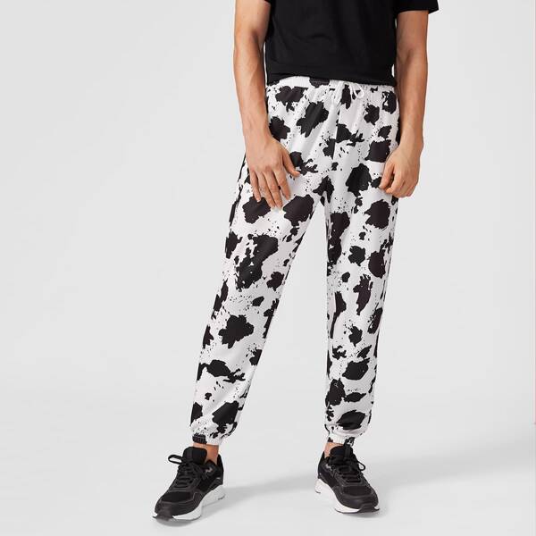 

Men Drawstring Waist Cow Print Sweatpants, Black and white