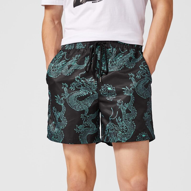 

Guys Drawstring Waist Chinese Dragon Print Shorts, Black