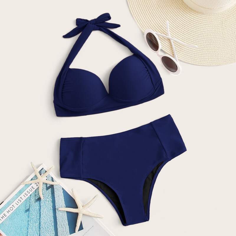 

Push Up Halter High Waisted Bikini Swimsuit, Navy blue