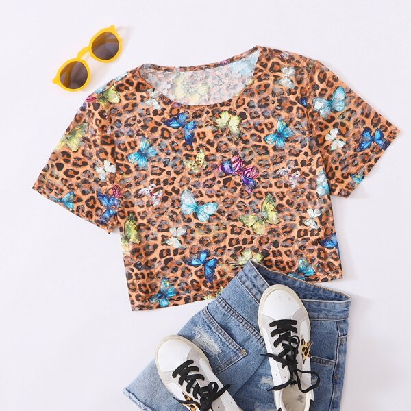 

Plus Butterfly and Leopard Mesh Crop Top, Multicolor