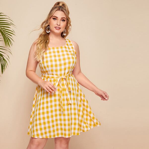 

Plus Buffalo Plaid Belted Dress, Yellow