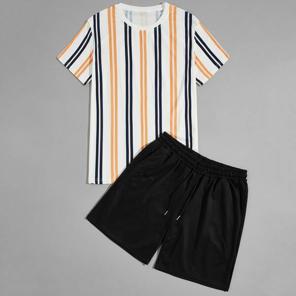 

Men Vertical Striped Tee & Track Shorts, Multicolor