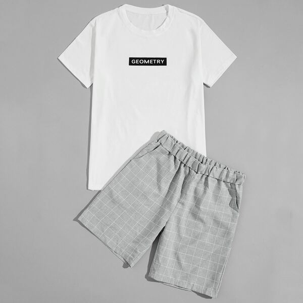 

Men Letter Graphic Tee & Grid Shorts, Multicolor