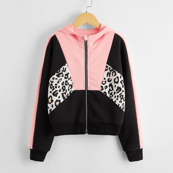 

Girls Zipper Front Leopard Panel Colorblock Sweatshirt, Multicolor