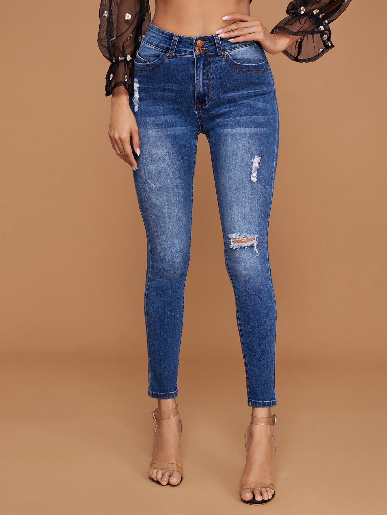 High-Waisted Bleach Wash Ripped Skinny Jeans thumbnail