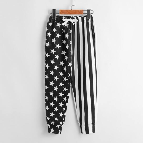 

Boys Tie Waist Star & Striped Pants, Black and white