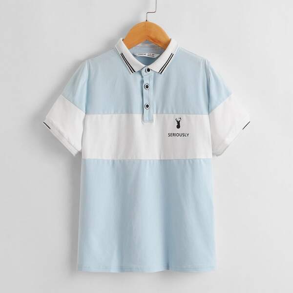 

Boys Elk & Letter Graphic Colorblock Polo Shirt, Baby blue
