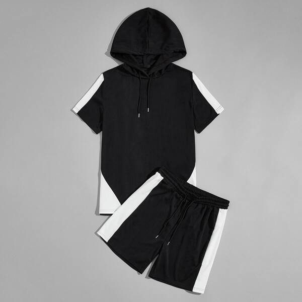 

Men Colorblock Drawstring Hooded Tee & Shorts, Black