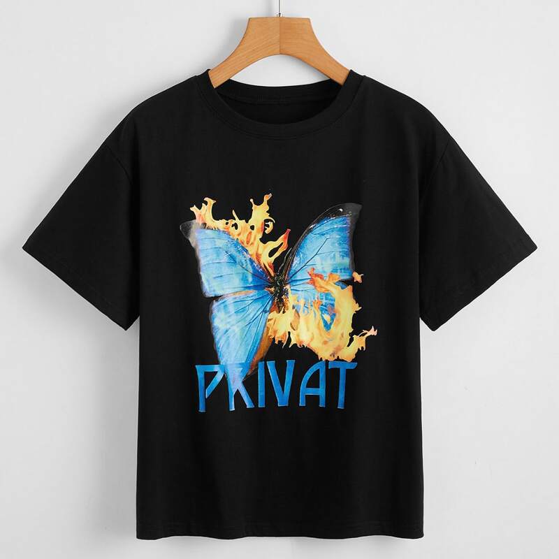 

Butterfly & Letter Graphic Tee, Black