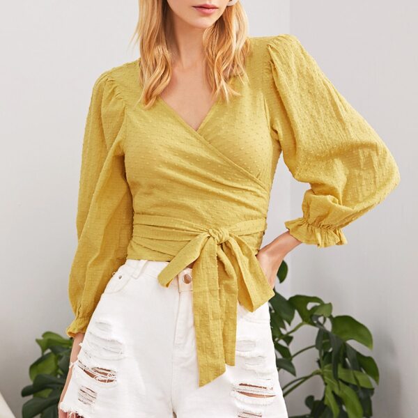 

Swiss Dot Frilled Cuff Knot Wrap Top, Yellow