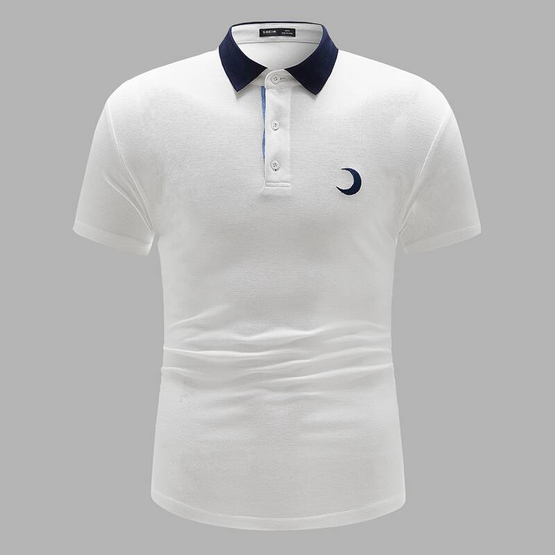 

Guys Contrast Collar Moon Embroidered Polo Shirt, White