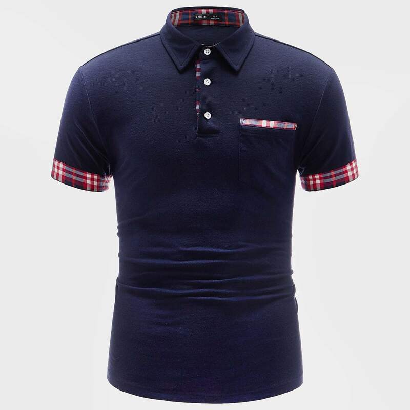 

Guys Contrast Plaid Trim Polo Shirt, Navy blue