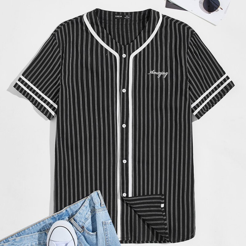 

Guys Contrast Tape Letter Embroidered Striped Shirt, Black