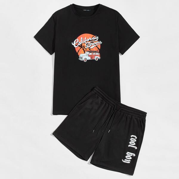 

Men Letter Graphic Print Top & Track Shorts Set, Black