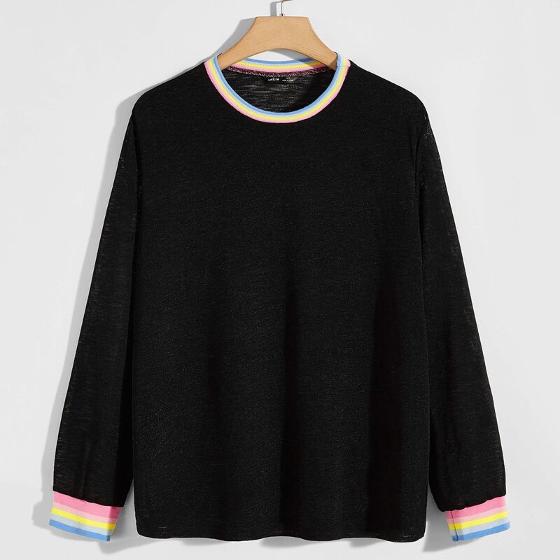 

Guys Contrast Rainbow Striped Trim Top, Black
