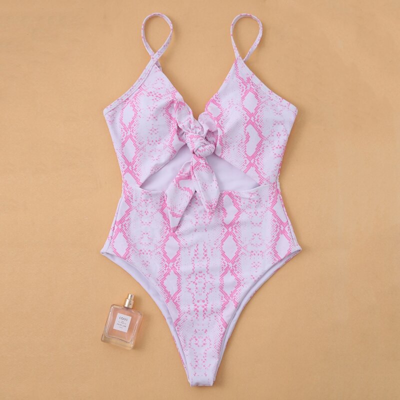 

Snakeskin Cut-out Knot Front One Piece Swimsuit, Pink