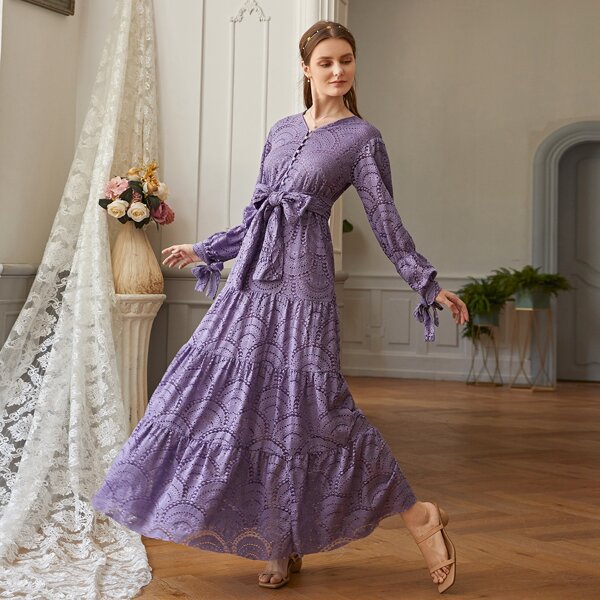 

Half Button Tie Cuff Belted Lace Dress, Violet purple