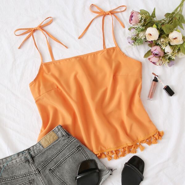 

Tie Shoulder Tassel Hem Cami Top, Orange