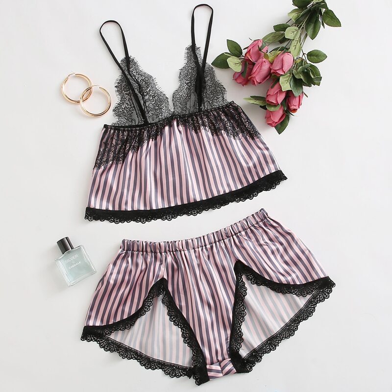 

Lace Striped Bralette With Satin Shorts, Multicolor