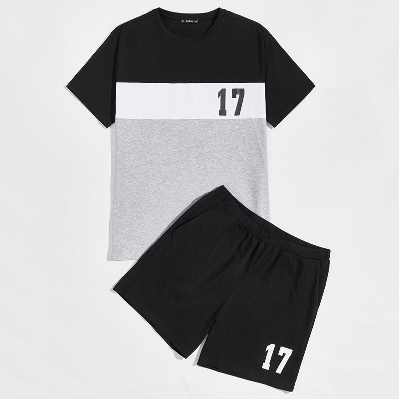 

Guys Letter Graphic Color Block Tee & Track Shorts PJ Set, Multicolor