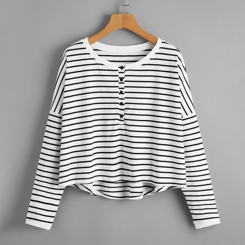 

Striped Button Henley Tee, Black and white