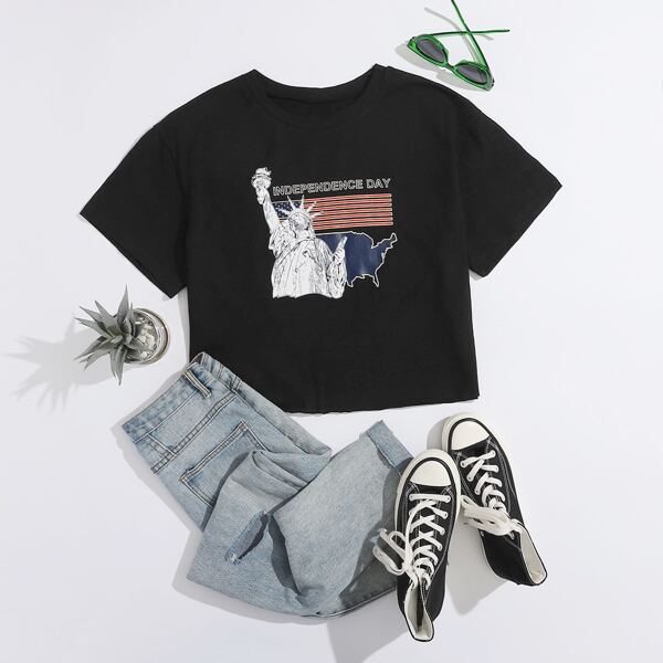 

Letter & American Flag Print Tee, Black