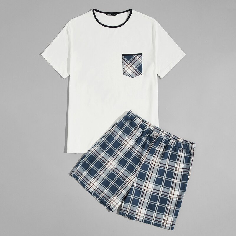 

Guys Contrast Neck Patch Pocket Top & Tartan Shorts PJ Set, Multicolor