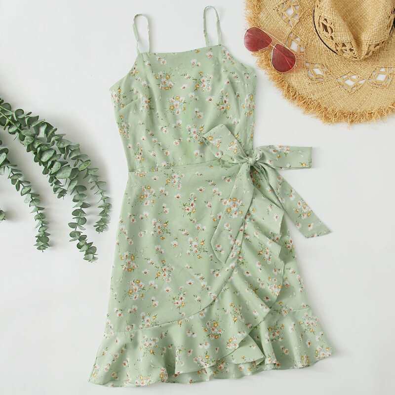 

Ditsy Floral Wrap Knot Cami Dress, Mint green