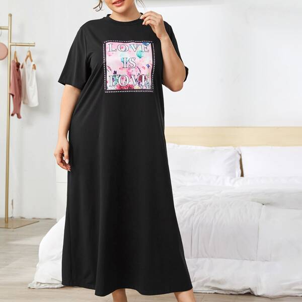 

Plus Slogan Graphic Night Dress, Black