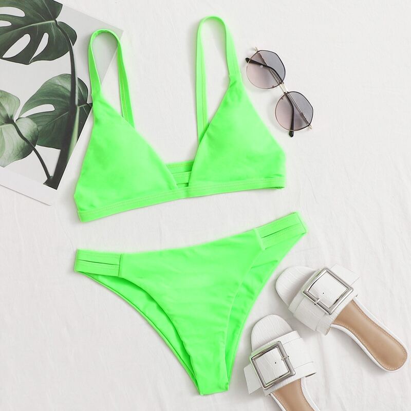 

Neon Lime Cut Out Detail Bikini Swimsuit, Neon lime green