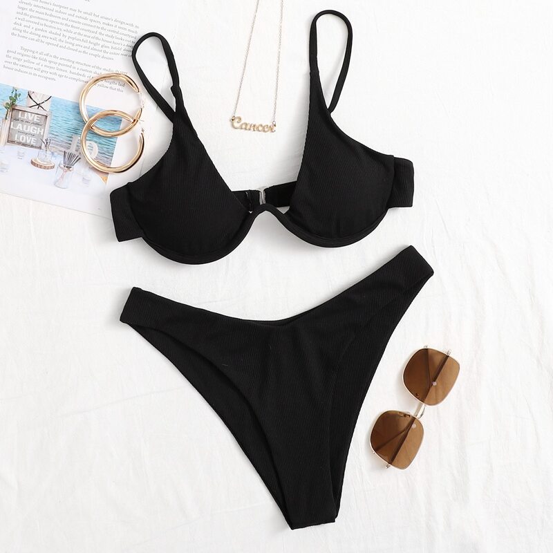 

Rib Underwire High Leg Bikini Swimsuit, Black