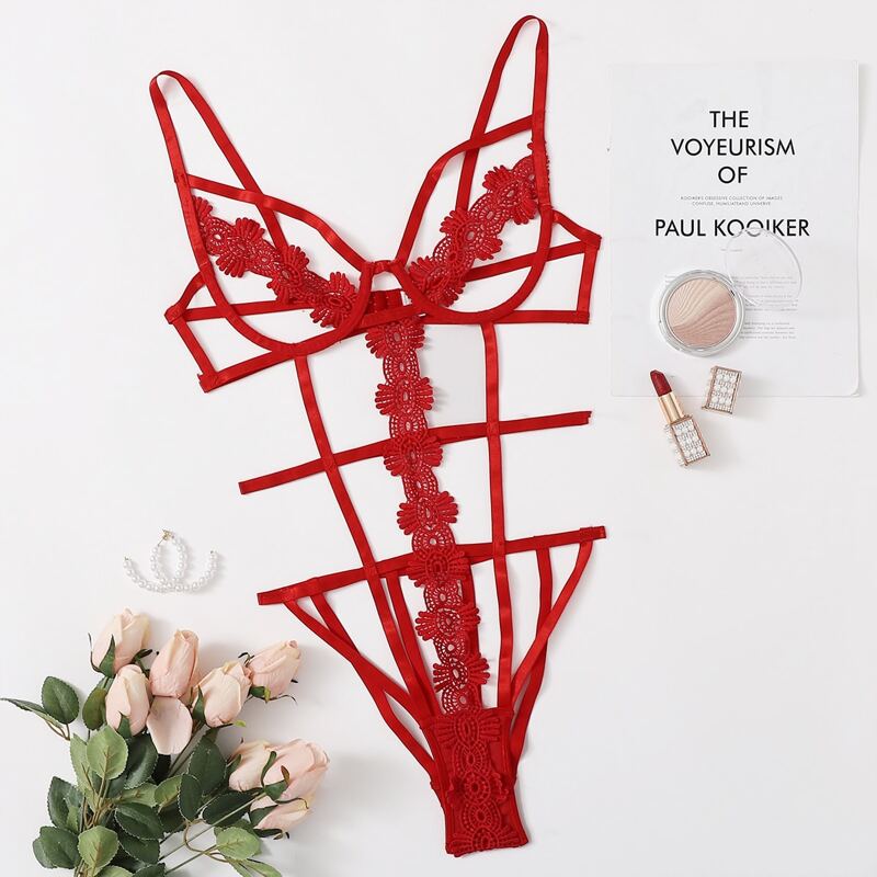 

Floral Applique Harness Teddy Bodysuit, Red