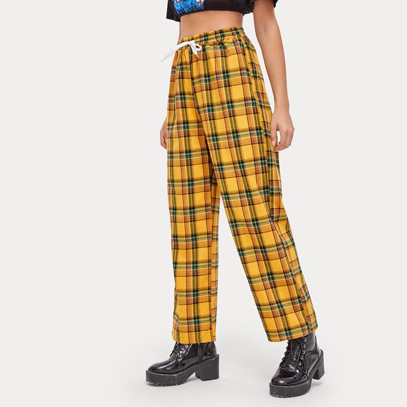 

Plaid Drawstring Waist Pants, Mustard yellow