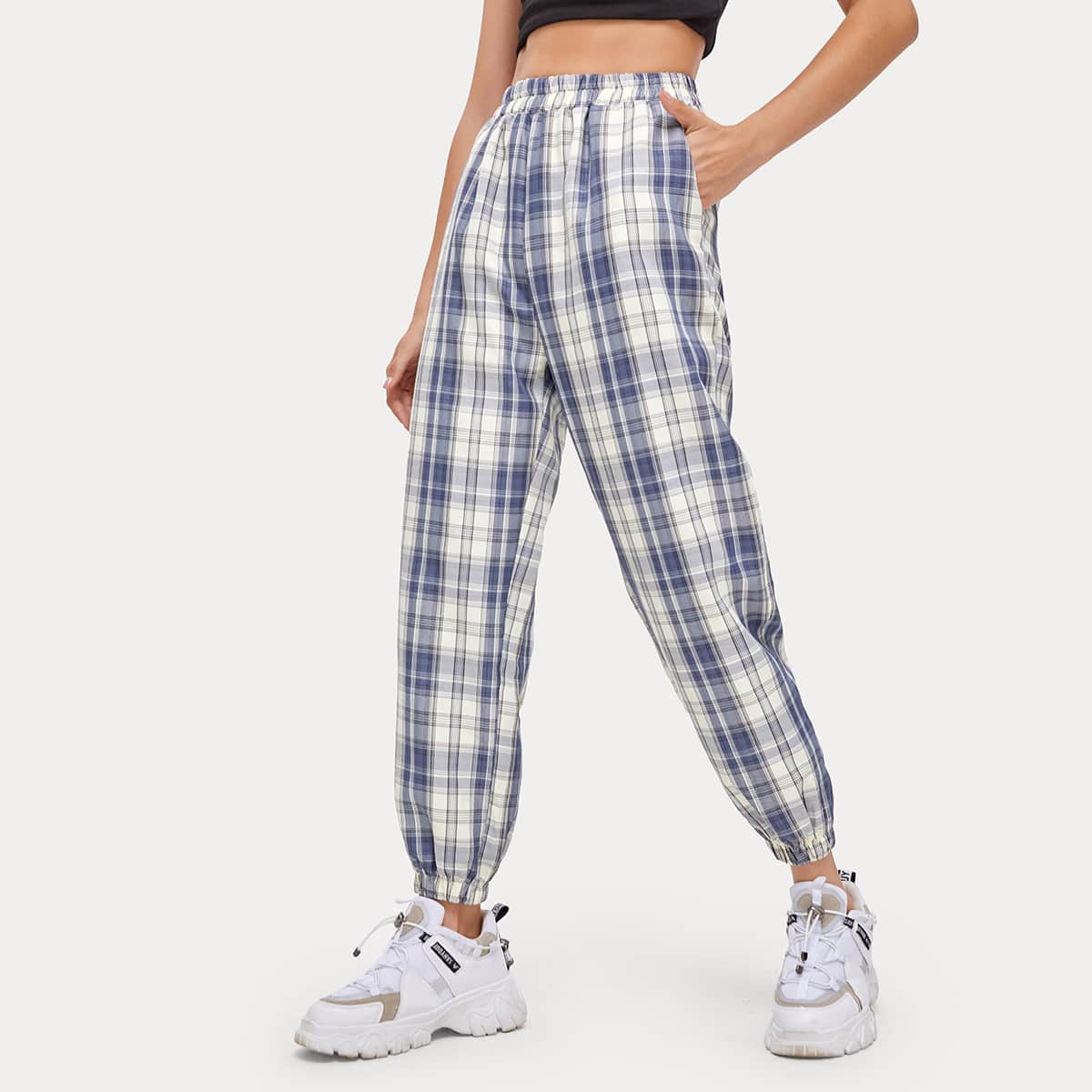 

Plaid Elastic Waist Pants, Multicolor