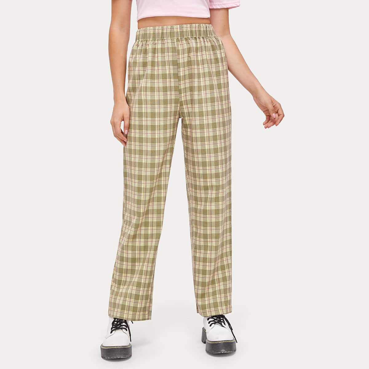 

Plaid Elastic Waist Pants, Multicolor