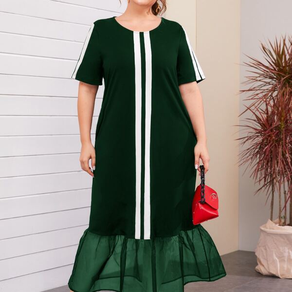 

Plus Organza Ruffle Hem Striped Dress, Dark green