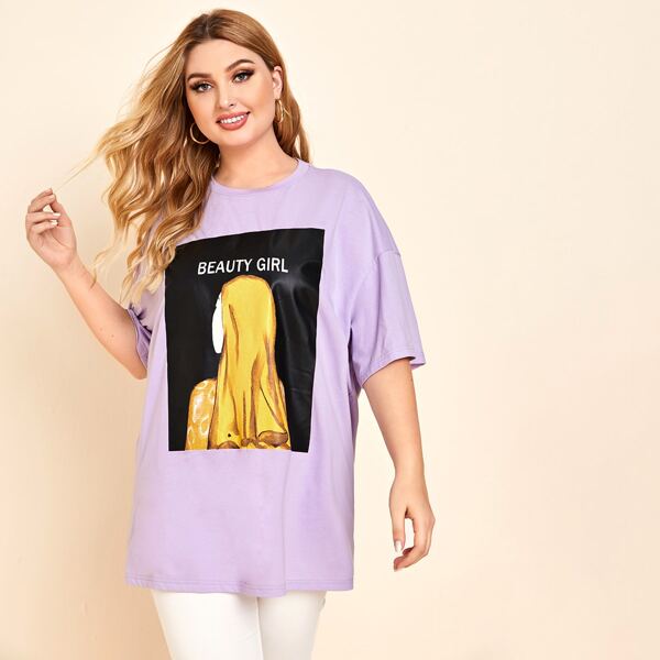 

Plus Drop Shoulder Figure & Letter Graphic Tee, Pastel lilac purple
