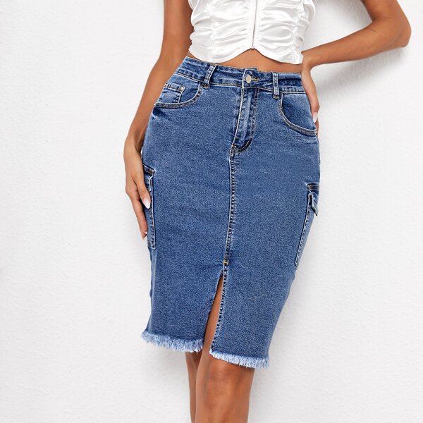 

Raw Slit Hem Bodycon Denim Skirt, Medium wash
