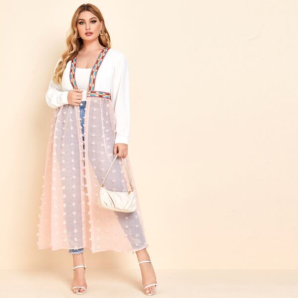 

Plus Embroidered Panel Swiss Dot Mesh Kimono, Multicolor
