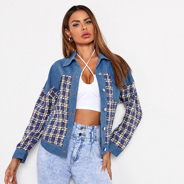 

Contrast Tartan Tweed Button Front Denim Jacket, Medium wash