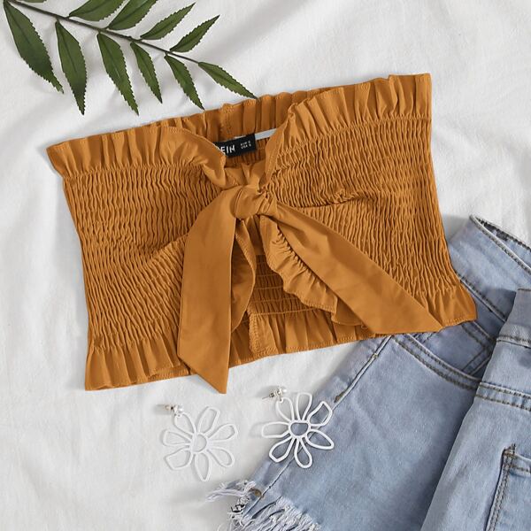 

Frill Trim Tie Front Shirred Tube Top, Ginger